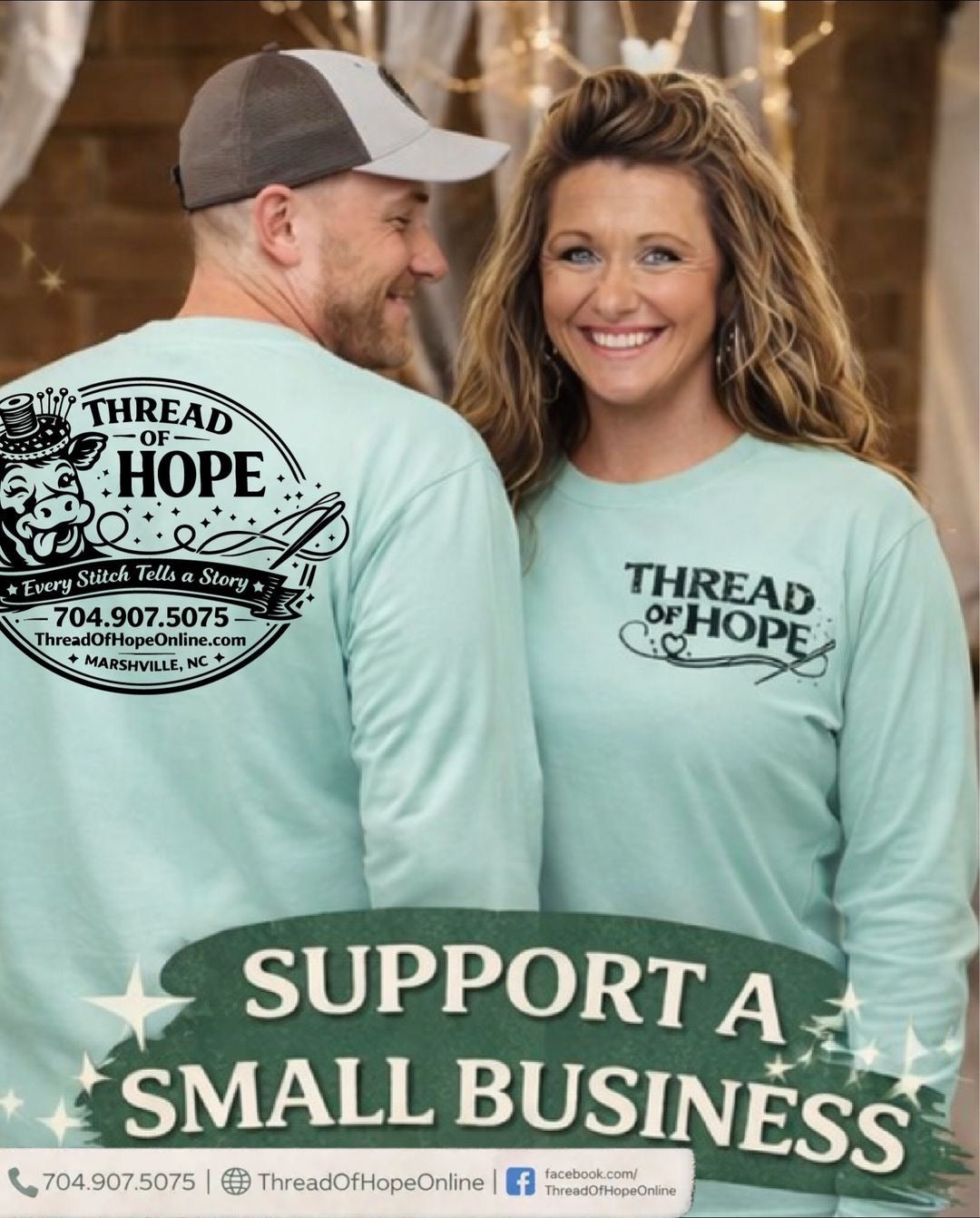 Thread of Hope Signature Cow Logo Screen-Printed Long Sleeve Tee – Seafoam
