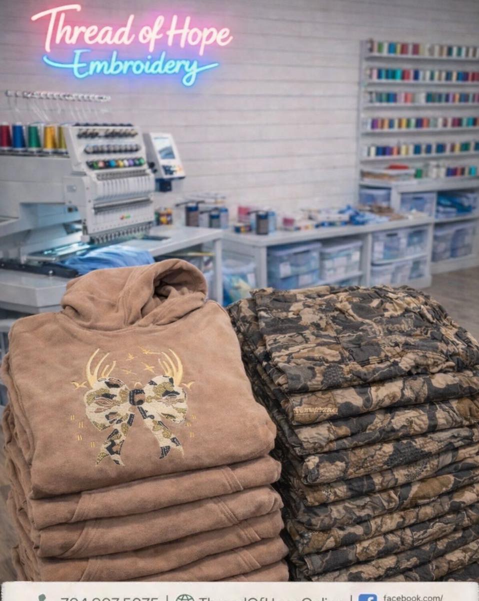 Thread of Hope Camo Bow Embroidered Hoodie – Tan
