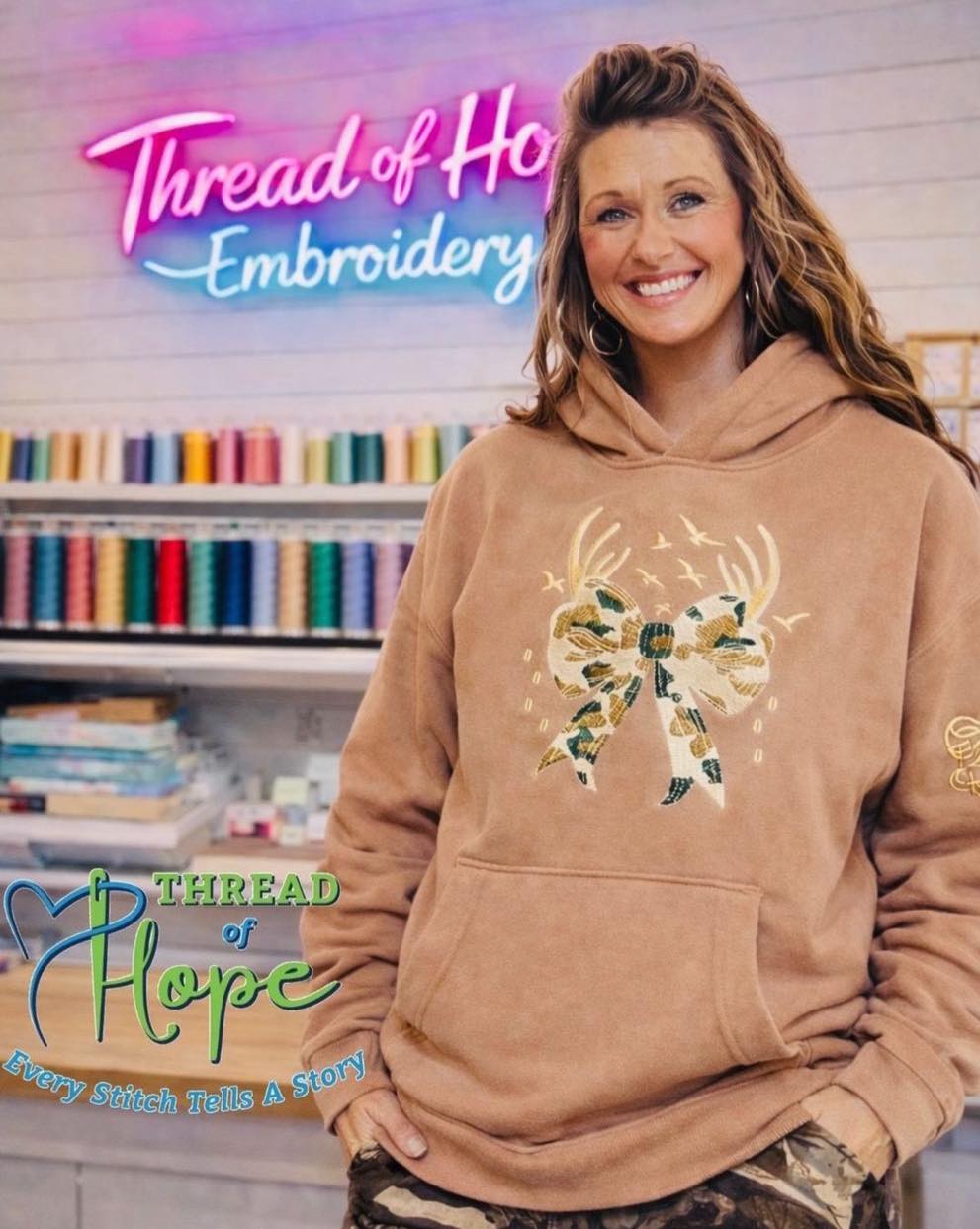 Thread of Hope Camo Bow Embroidered Hoodie – Tan