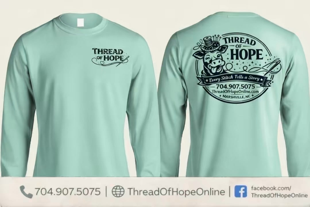 Thread of Hope Signature Cow Logo Screen-Printed Long Sleeve Tee – Seafoam