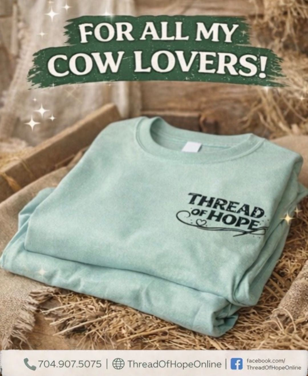 Thread of Hope Signature Cow Logo Screen-Printed Long Sleeve Tee – Seafoam